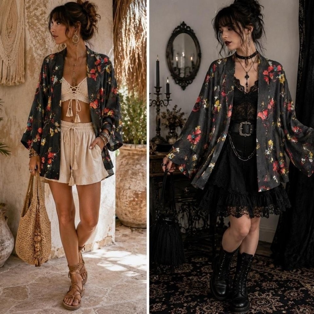 Mossimo Floral Kimono Cardigan Black Sheer Boho Whimsigoth Duster Cover Up Sz S